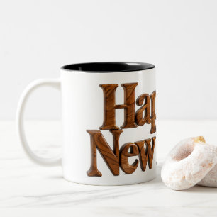 Happy New Year Carved Wood Two-Tone Coffee Mug