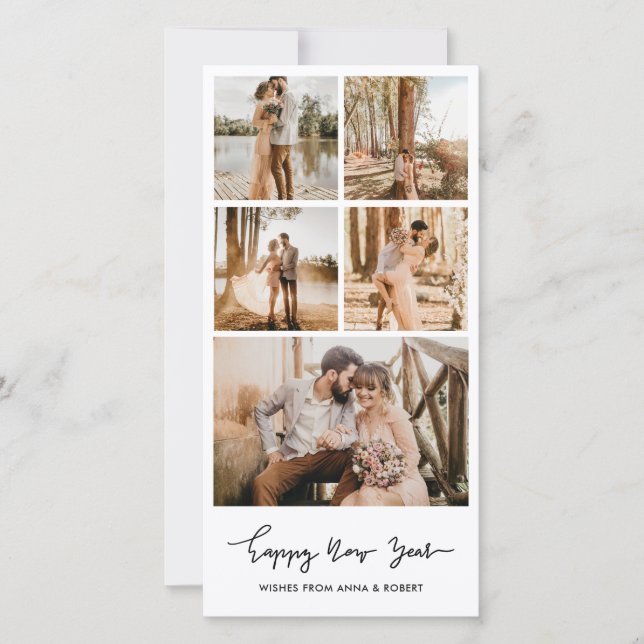 Happy New Year Casual Script Multi Photo Collage Holiday Card (Front)