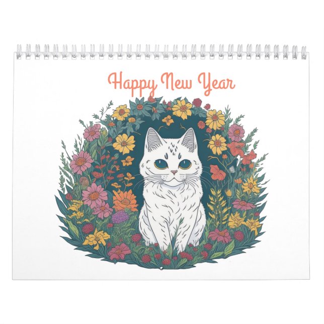 Happy New Year Cat Coloring Calendar (Cover)