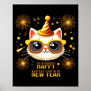 Happy New Year Cat Fireworks New Years Eve Party Poster