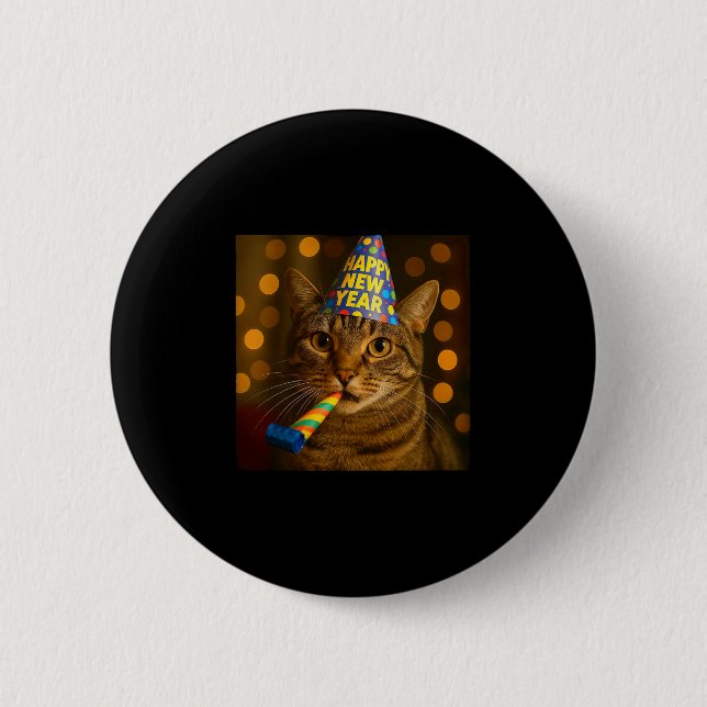 Happy New Year Cat Funny Party Hat Feline Meme Cel 2 Inch Round Button (Front)