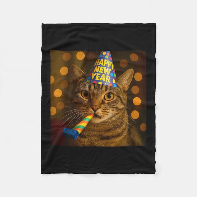 Happy New Year Cat Funny Party Hat Feline Meme Cel Fleece Blanket (Front)