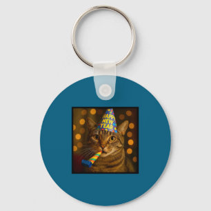 Happy New Year Cat Funny Party Hat Feline Meme Cel Keychain