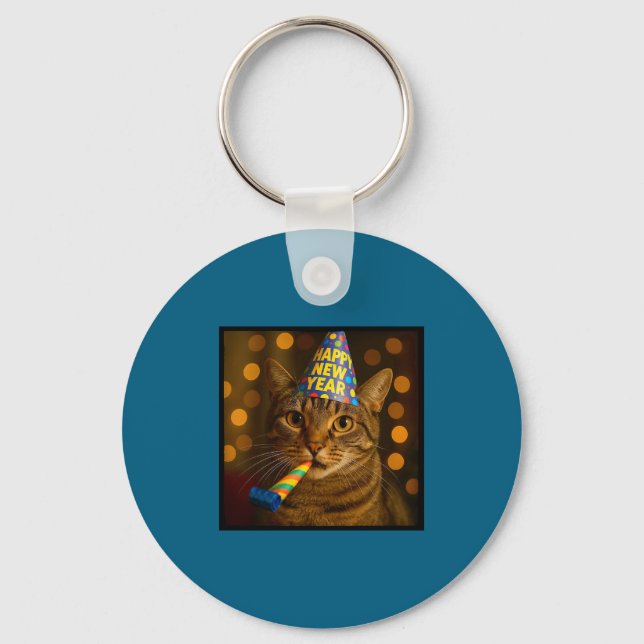 Happy New Year Cat Funny Party Hat Feline Meme Cel Keychain (Front)