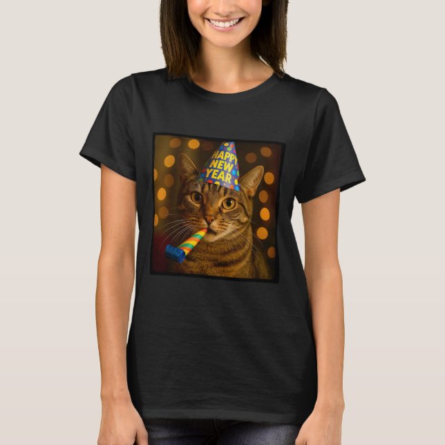 Happy New Year Cat Funny Party Hat Feline Meme Cel T-Shirt (Front)