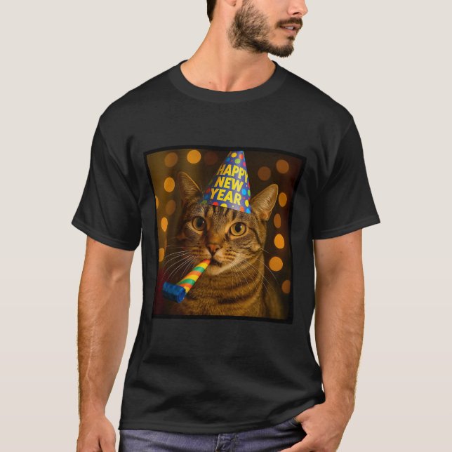 Happy New Year Cat Funny Party Hat Feline Meme Cel T-Shirt (Front)