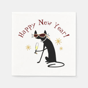 Happy New Year Cat with Champagne Napkin
