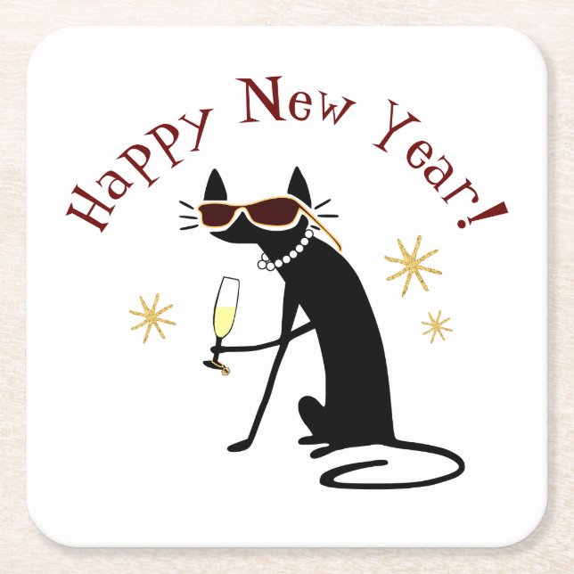 Happy New Year Cat with Champagne Square Paper Coaster (Front)