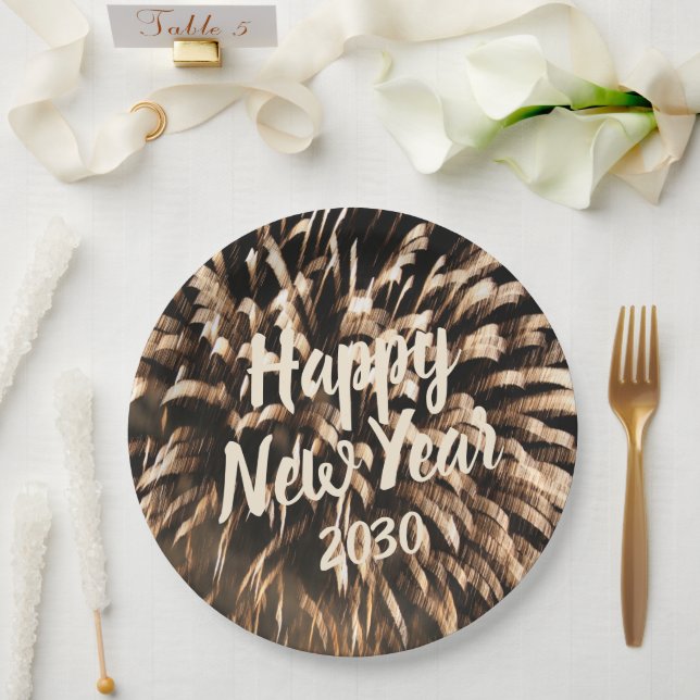 Happy New Year Celebration Firework Gold Photo Paper Plate (Wedding)