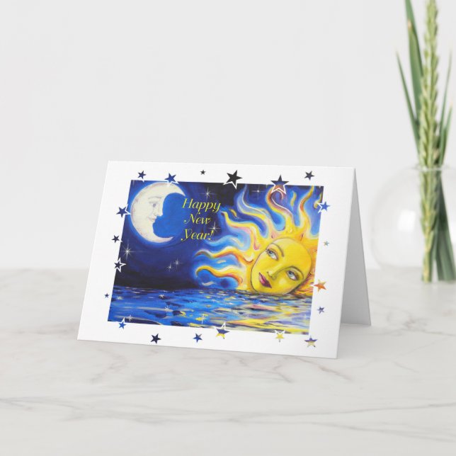Happy New Year Celestial Sun and Moon Face Card (Front)