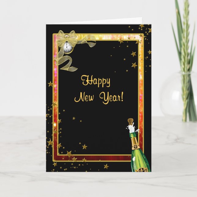 Happy New Year, Champagne, Clock, Stars, Greeting Holiday Card (Front)