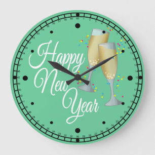 Happy New Year, Champagne & Confetti Large Clock