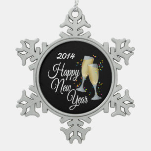 Happy New Year, Champagne & Confetti Snowflake Pewter Christmas Ornament