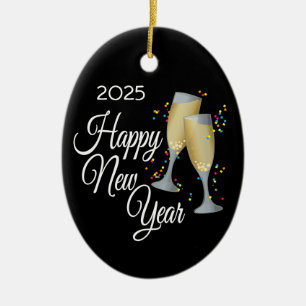 Happy New Year Champagne Glasses Ceramic Ornament