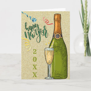Happy New Year Champagne Gold Glitter Card