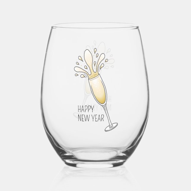 Happy New Year Champagne Stemless Wine Glass (Front)