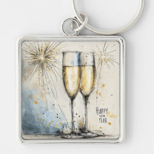 Happy New Year Champagne Toast Keychain