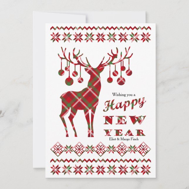 Happy New Year Checkered Reindeer Holiday Card (Front)