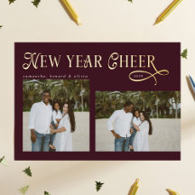 Happy New Year Cheer Modern Family Photo Burgundy