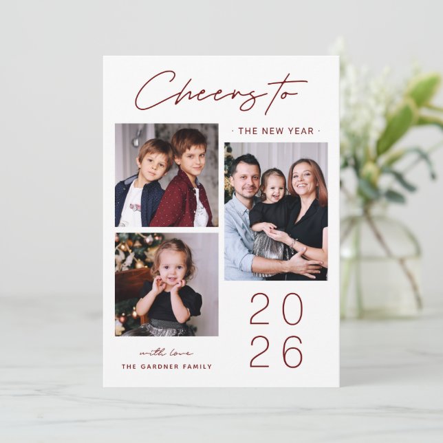 Happy New Year Cheers Modern 3 Photo Collage Holiday Card (Standing Front)