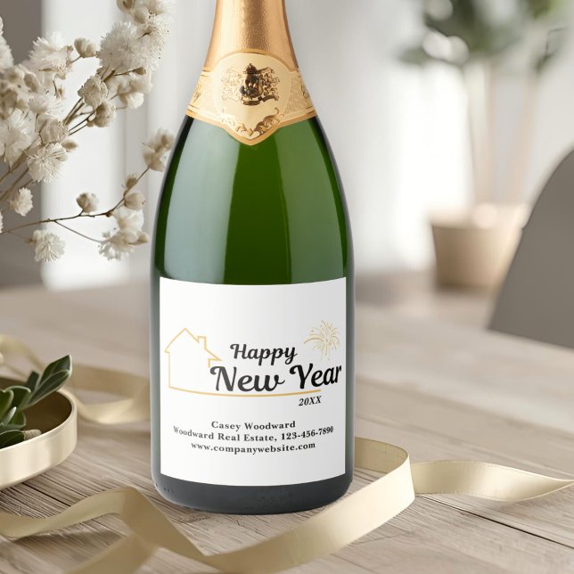 Happy New Year Cheers | Real Estate Minimalist  Sparkling Wine Label (Creator Uploaded)