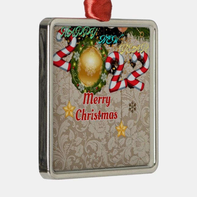 Happy New Year, Christmas, 2022 Invitation Ceramic Metal Ornament (Right)