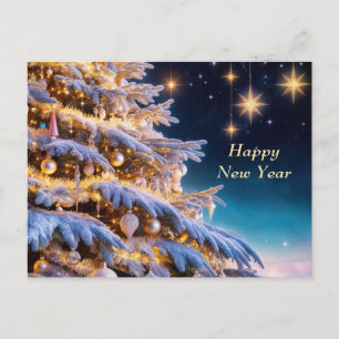 Happy New Year Christmas Tree with Ornaments Holiday Postcard