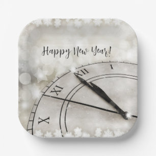 Happy New Year Clock at Midnight Paper Plate