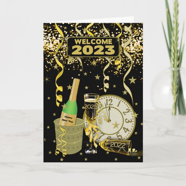 HAPPY NEW YEAR  Clock Champagne Confetti 2023 Holiday Card (Front)