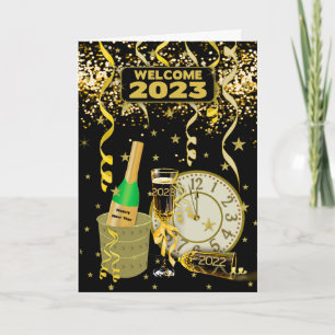 HAPPY NEW YEAR  Clock Champagne Confetti 2023 Holiday Card