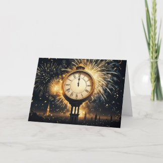 Happy New Year Clock on Midnight with Fireworks Holiday Card