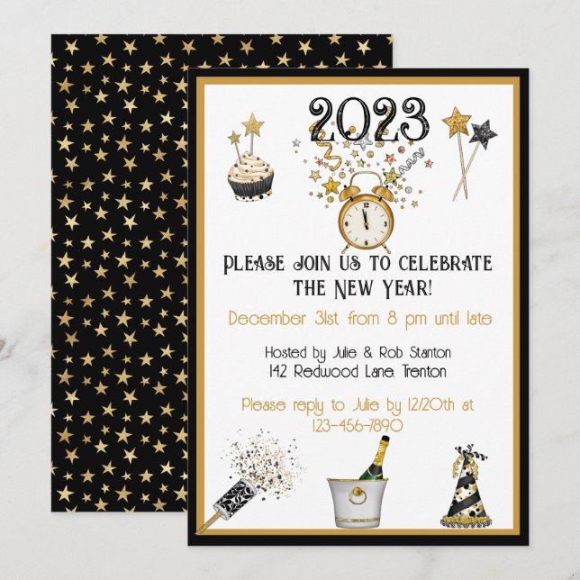 Happy New Year Clock Party Invitation (Front/Back)