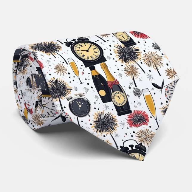 Happy New Year Clocks And Champagne  Tie (Rolled)