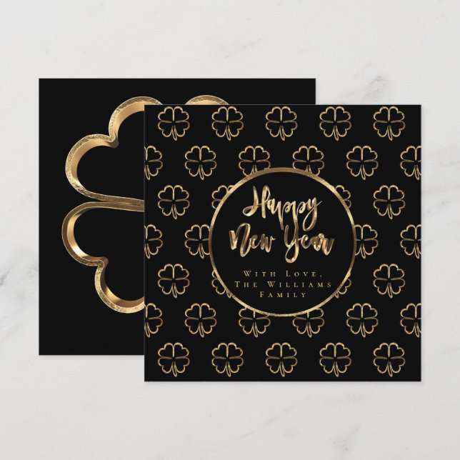 Happy New Year Clover Elegant Black and Gold Chic Holiday Card (Front/Back)
