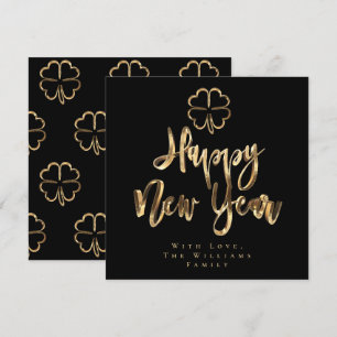 Happy New Year Clover Elegant Black and Gold Chic Holiday Card