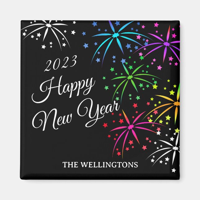 Happy new year colourful fireworks script magnet (Front)