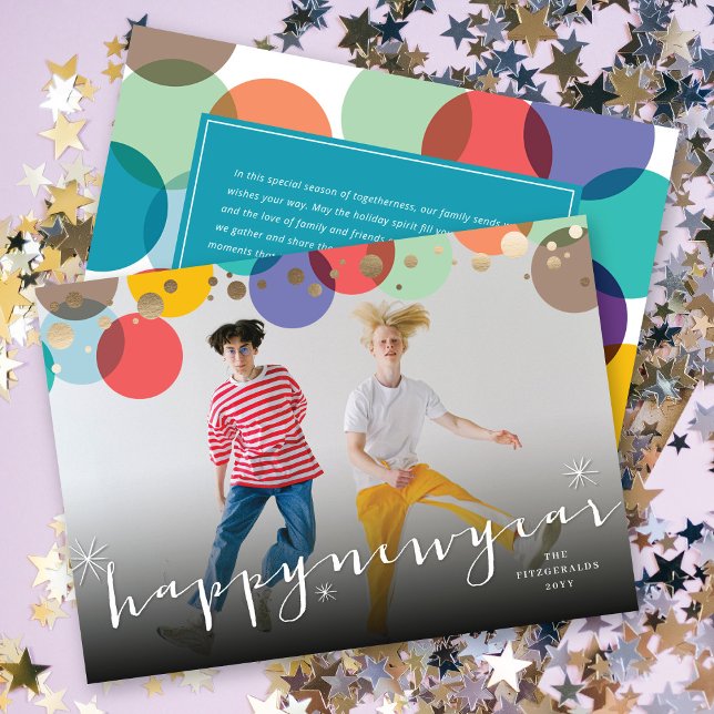 Happy New Year Colourful & Fun Confetti Dots Photo Holiday Card (Creator Uploaded)