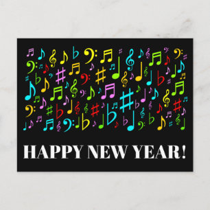 HAPPY NEW YEAR + Colourful Music Symbols Postcard