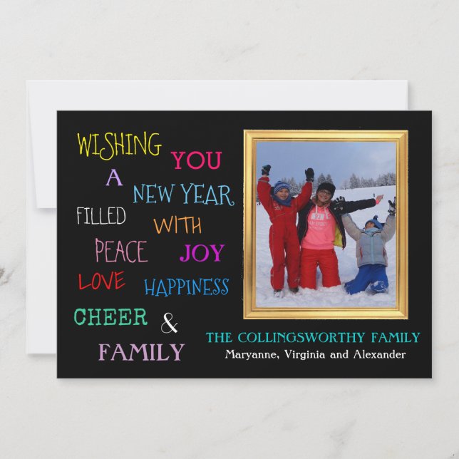 Happy New Year Colourful Typography With Photograp Holiday Card (Front)