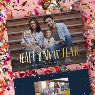 Happy new year confetti one photo navy foil holiday card