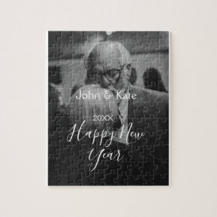 Happy new year couple photo name year black white  jigsaw puzzle