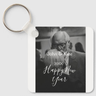 Happy new year couple photo name year black white keychain