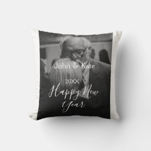 Happy new year couple photo name year black white throw pillow