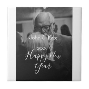 Happy new year couple photo name year black white  tile