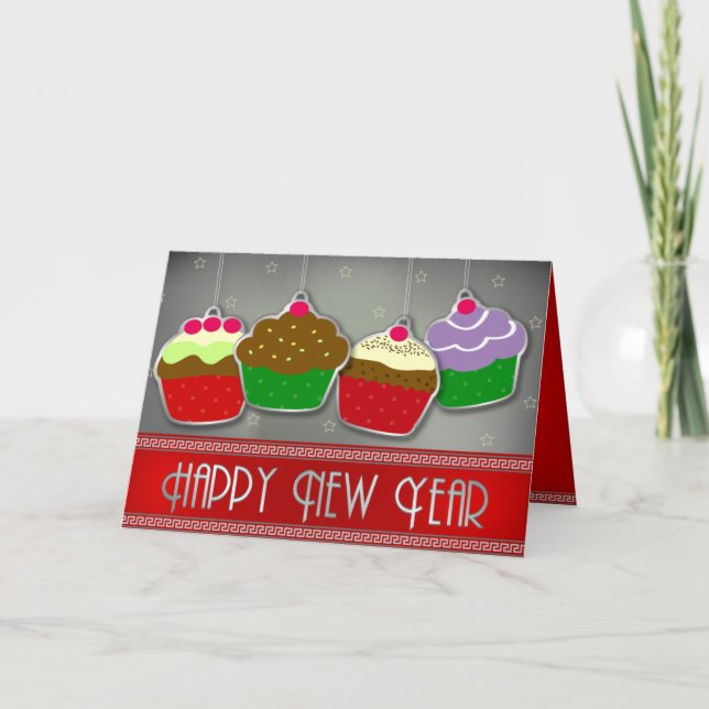 Happy New Year Cupcakes Ornament Greeting Card (Front)