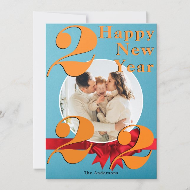 Happy New Year Custom 2022 Orange Teal Photo Card (Front)