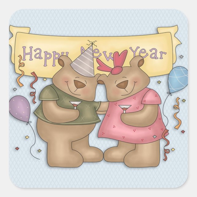 Happy New Year, Cute Bears Square Sticker (Front)