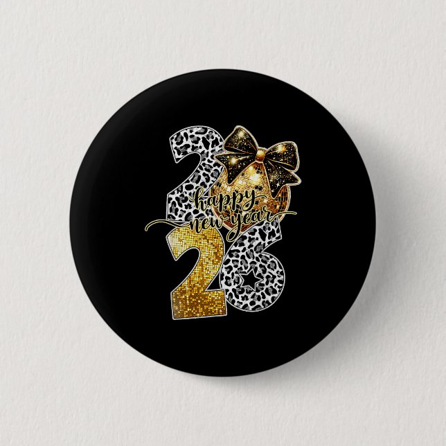 Happy New Year Cute Gold Disco Ball Bow New Year's 2 Inch Round Button (Front)