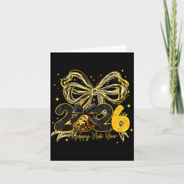 Happy New Year Cute Gold Disco Ball Bow New Year's Card (Front)
