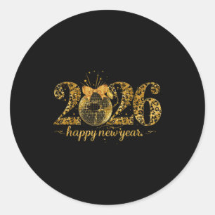 Happy New Year Cute Gold Disco Ball Bow New Year's Classic Round Sticker